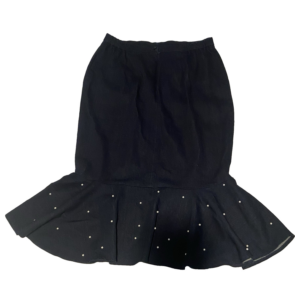 Devine Sport NY Ankle Length Denim Skirt with Perlescent Bead Ruffle Decoration